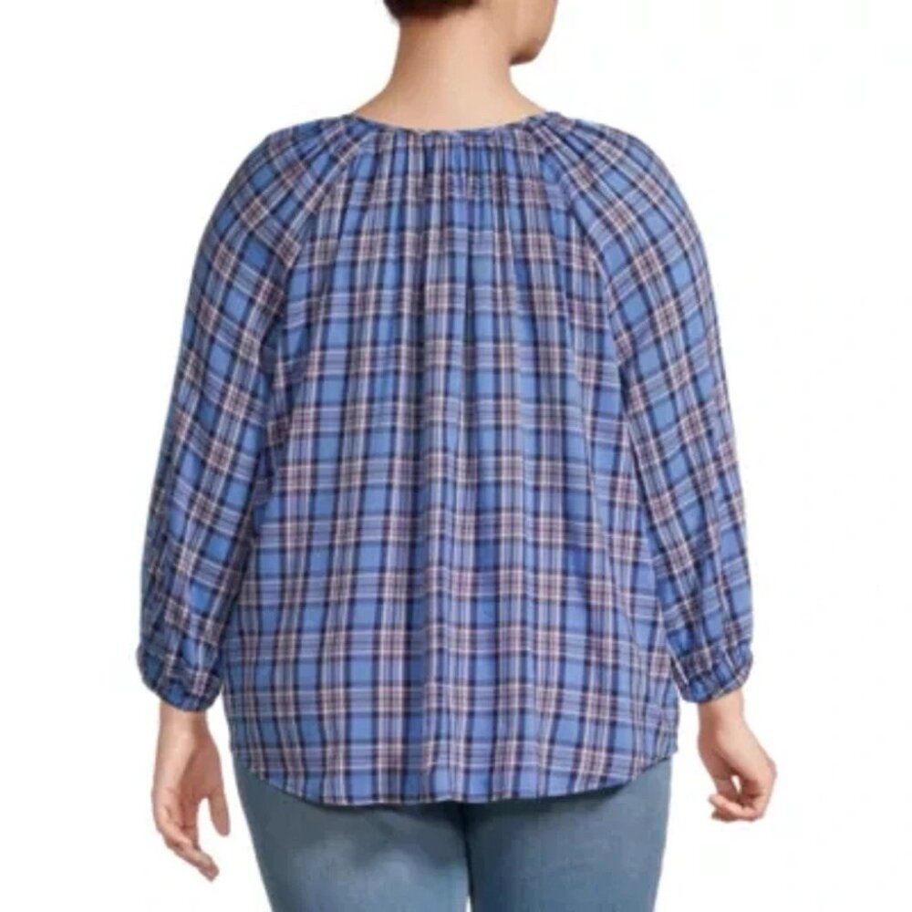 St John's Bay Women’s Shirt Plus Size 3X Blue Check Off Shoulder Blouse NWT - Picture 2 of 10
